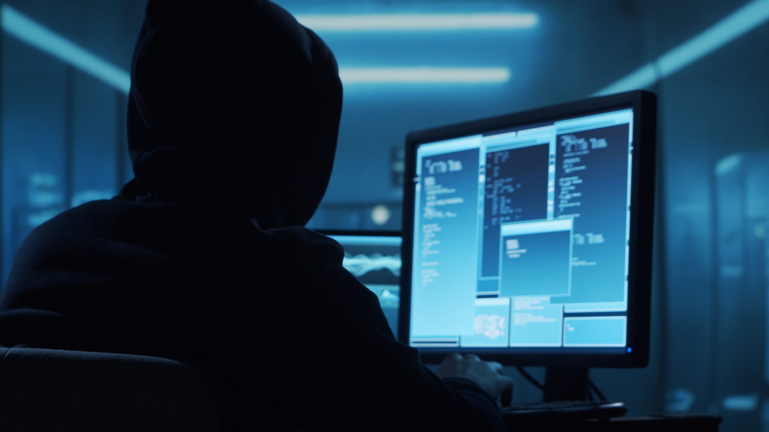 the back of a person in a black hoodie looking at code on a computer screen