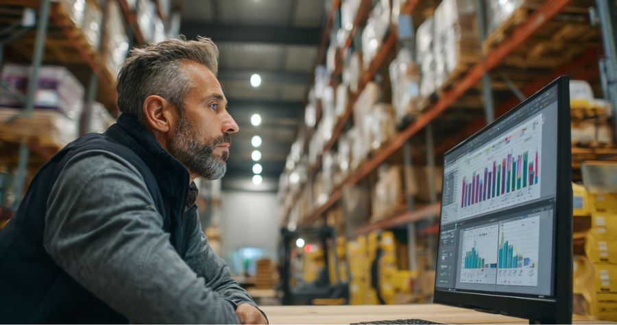 Man staring at his computer in a warehouse, challenged by Supply Chain Disruptions